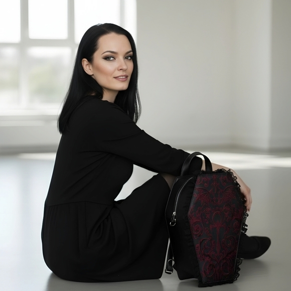 Widow ✦ Vegan Leather Coffin Backpack ✦ Gothic Brocade Lace Trim OS NWT - Picture 2 of 12